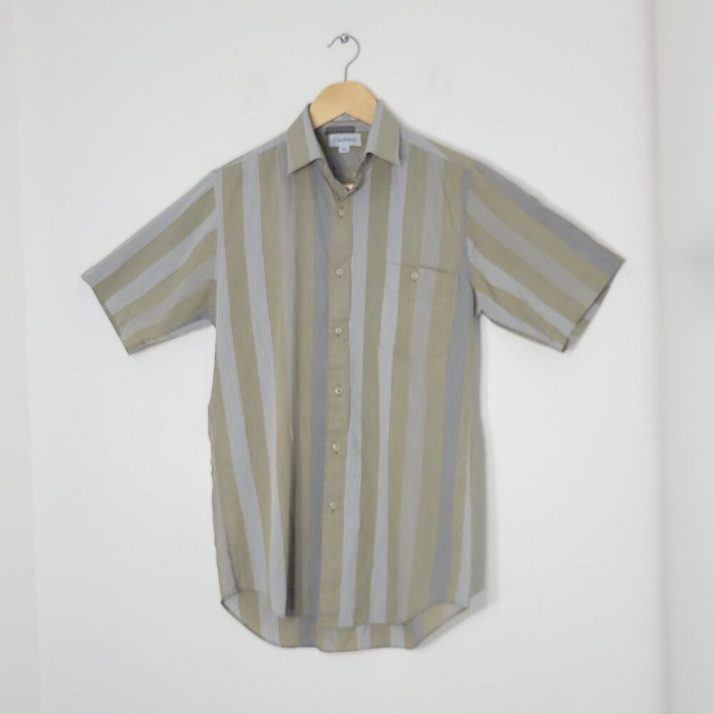 Cacharel Green Gray Striped Cotton Blend Collared Button Down Short Sleeves Sz S